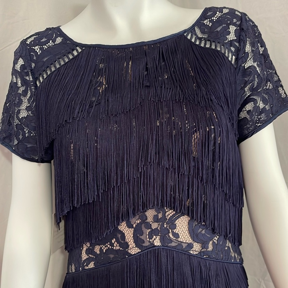 From Bloomingdale’s  navy long evening gown with all fringes and fully lined - Picture 9 of 17